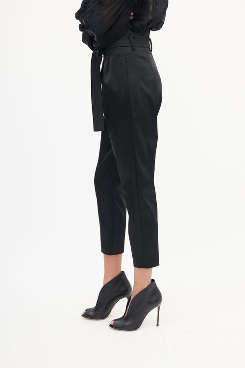 Amanda Uprichard Black Satin Tie Waist Trouser