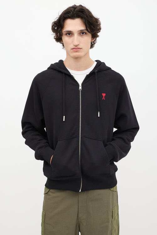 AMI Paris Black Embroidered Logo Zip Hoodie