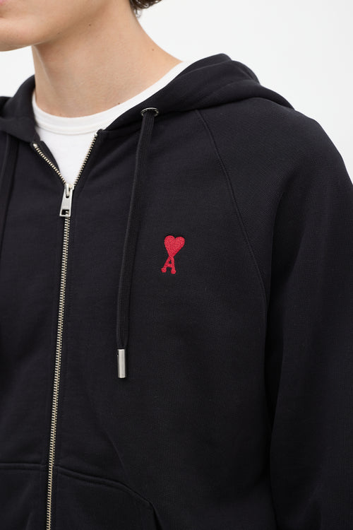 AMI Paris Black Embroidered Logo Zip Hoodie