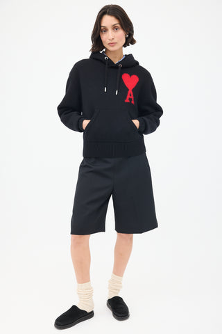 AMI Paris Black Wool Ami de Cœur Knit Hoodie