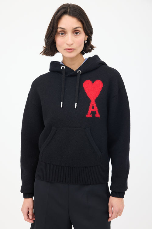 AMI Paris Black Wool Ami de Cœur Knit Hoodie