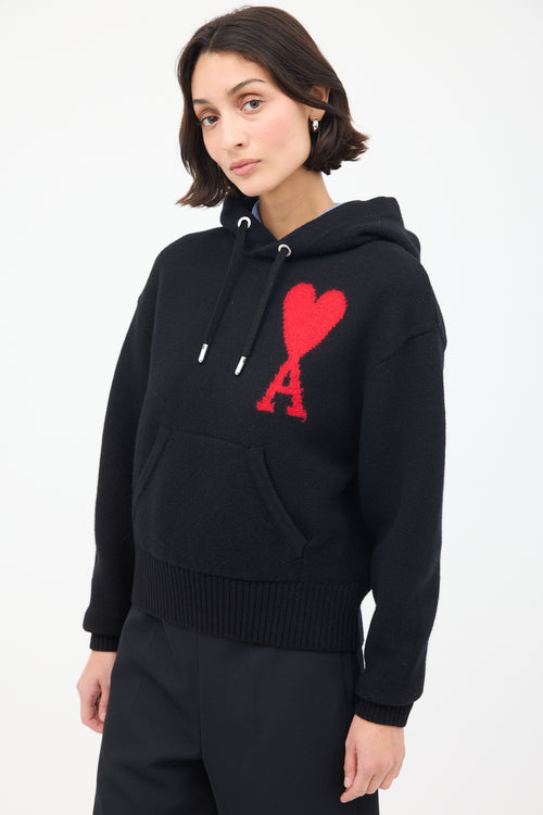 AMI Paris Black Wool Ami de Cœur Knit Hoodie