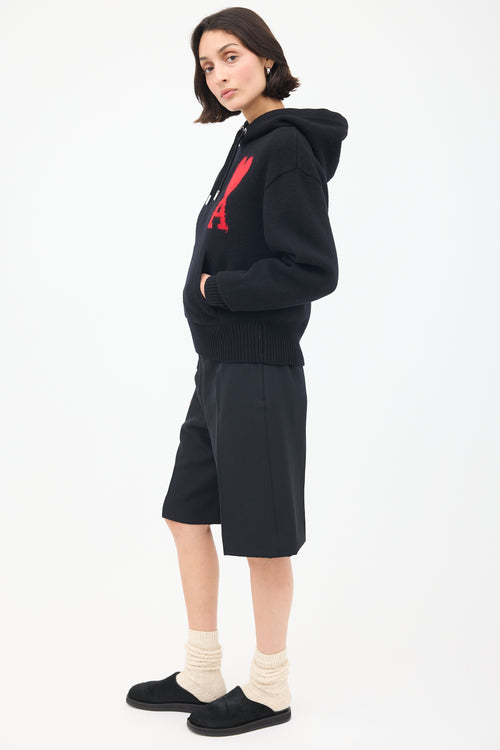 AMI Paris Black Wool Ami de Cœur Knit Hoodie