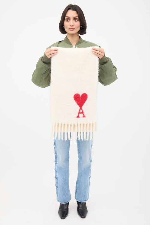 AMI Paris Cream Wool Ami De Coeur Fringed Scarf