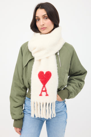 AMI Paris Cream Wool Ami De Coeur Fringed Scarf