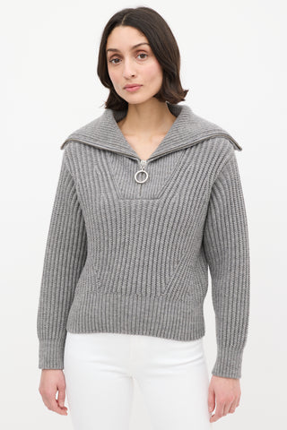 AMI Paris Grey Wool Ribbed Knit Half Zip Sweater