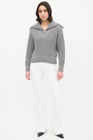 AMI Paris Grey Wool Ribbed Knit Half Zip Sweater