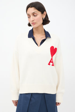 AMI Paris White 
Red Ami De Coeur V-Neck Sweater