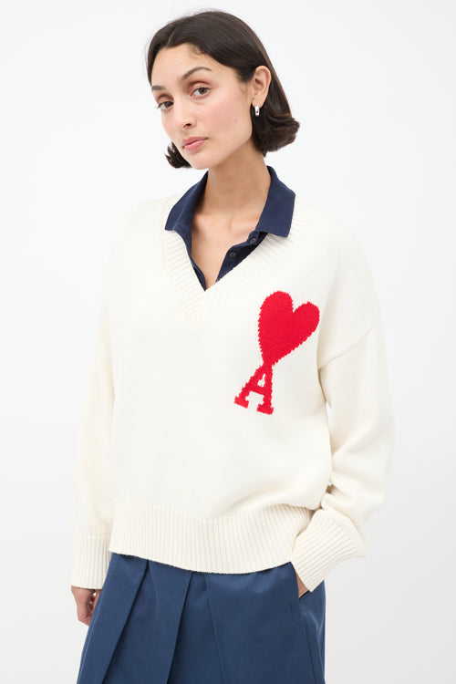 AMI Paris White 
Red Ami De Coeur V-Neck Sweater