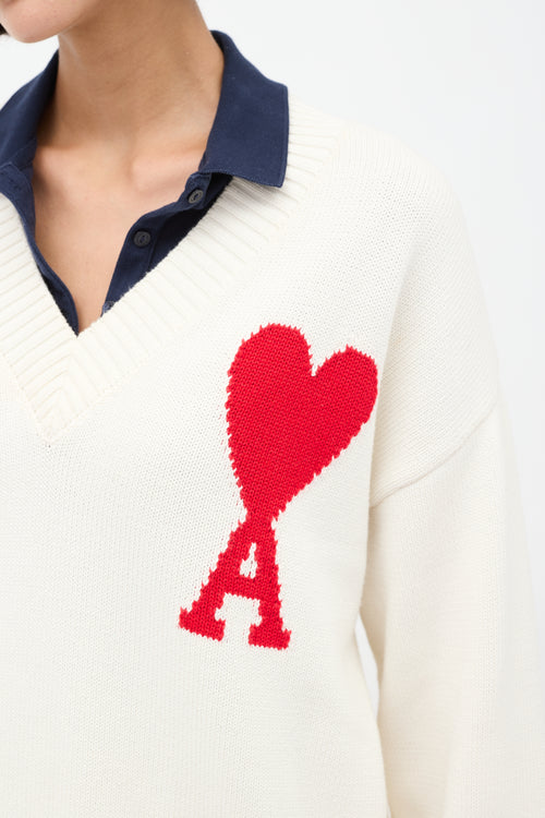 AMI Paris White 
Red Ami De Coeur V-Neck Sweater