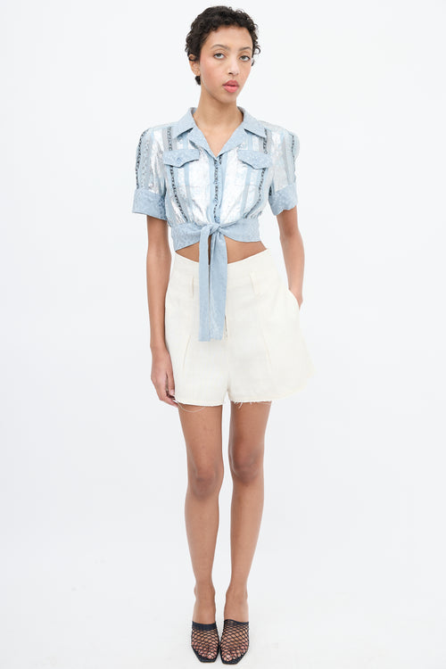 Anna Sui Light Blue 
Multi Jacquard Stripe Cropped Shirt