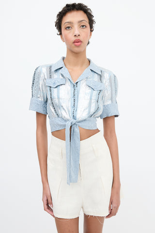 Anna Sui Light Blue 
Multi Jacquard Stripe Cropped Shirt