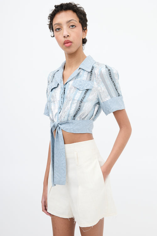 Anna Sui Light Blue 
Multi Jacquard Stripe Cropped Shirt