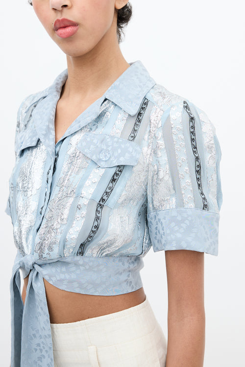 Anna Sui Light Blue 
Multi Jacquard Stripe Cropped Shirt