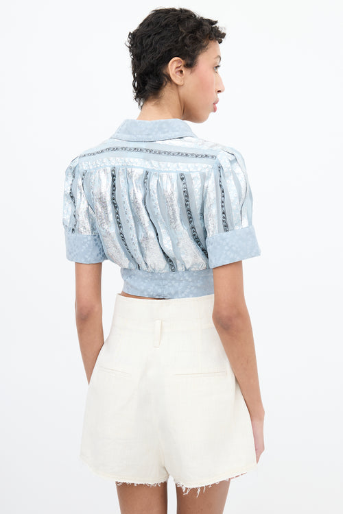 Anna Sui Light Blue 
Multi Jacquard Stripe Cropped Shirt