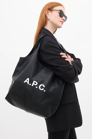 A.P.C. Black Faux Leather Ninon Logo Tote Bag