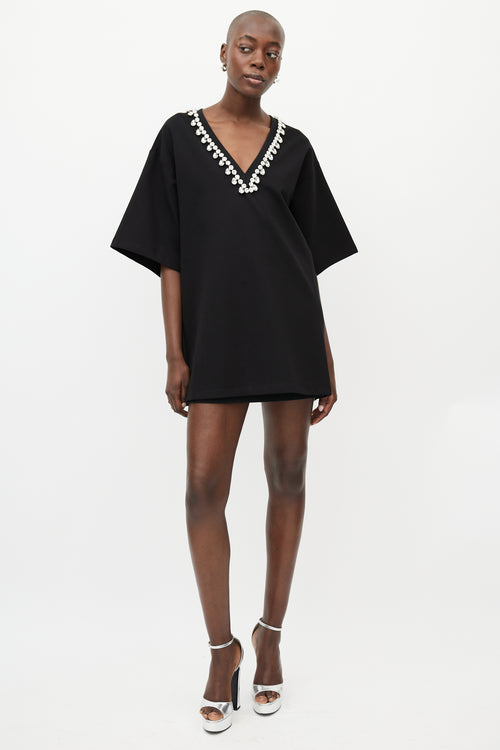 AREA Black Crystal V-Neck T-Shirt Dress