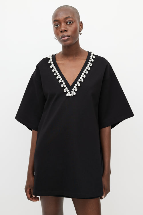 AREA Black Crystal V-Neck T-Shirt Dress