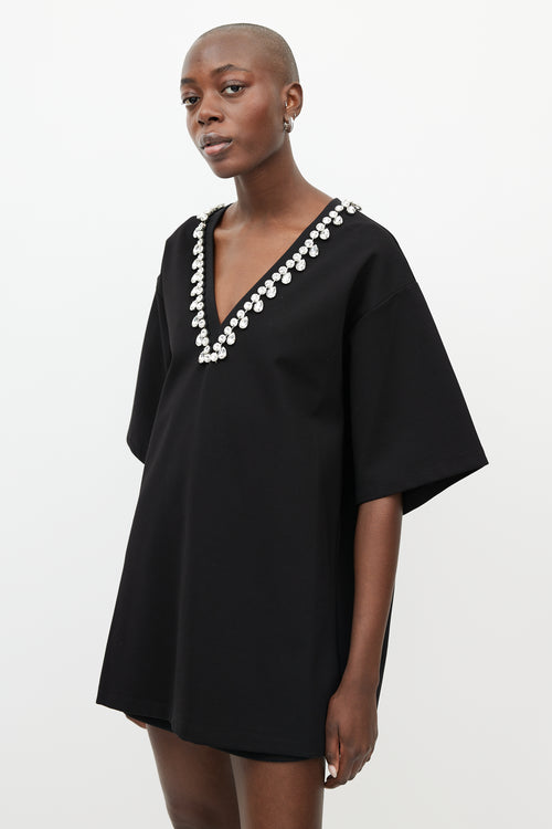 AREA Black Crystal V-Neck T-Shirt Dress