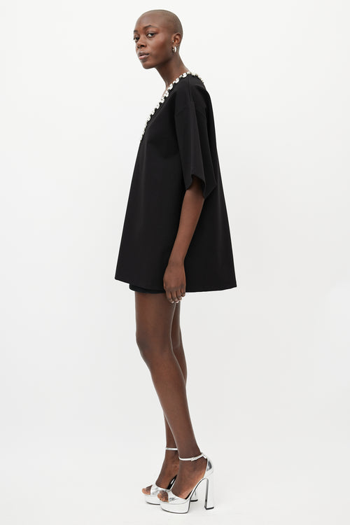 AREA Black Crystal V-Neck T-Shirt Dress