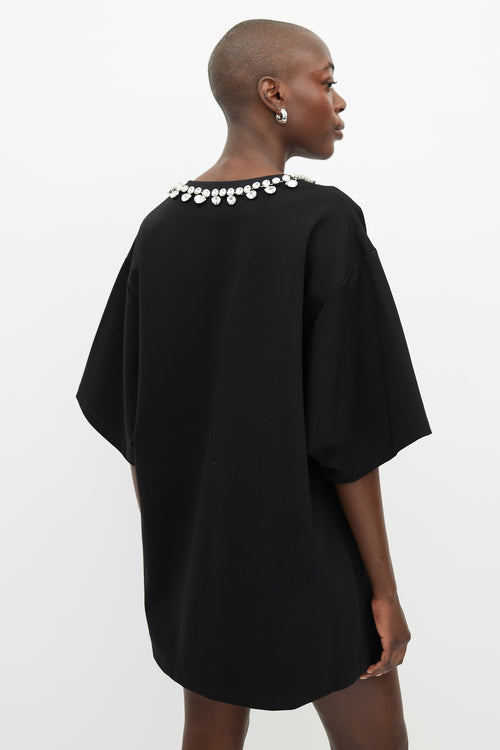 AREA Black Crystal V-Neck T-Shirt Dress