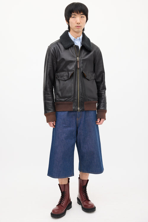 Acne Studios Black Leather 
Sherpa Collar Jacket