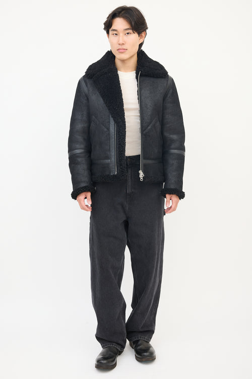 Acne Studios Black Suede Leather Shearling Zip Jacket