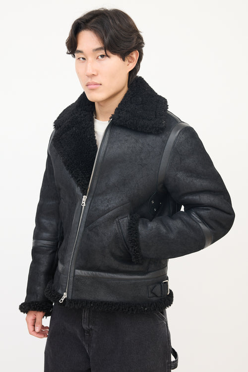 Acne Studios Black Suede Leather Shearling Zip Jacket