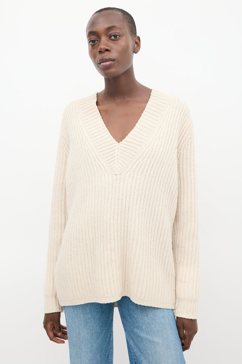 Acne Studios Cream Wool Knit V-Neck Sweater