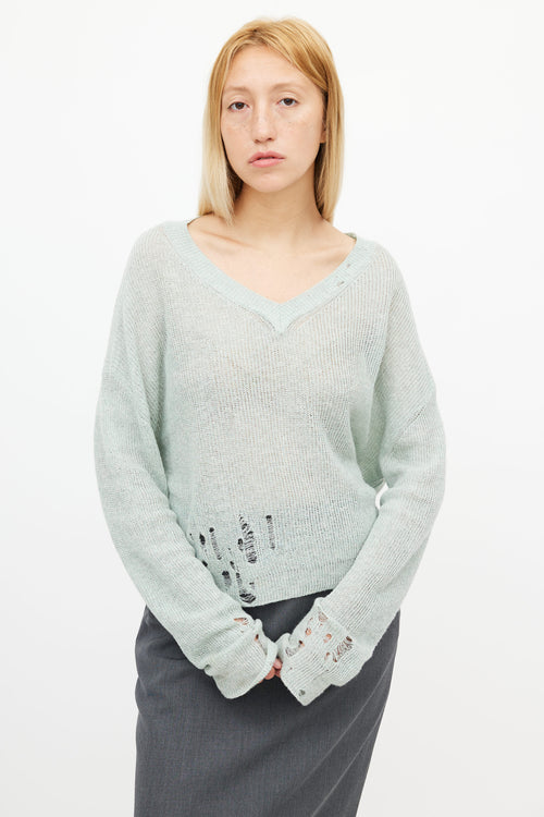 Acne Studios Green Distressed V-Neck Sweater