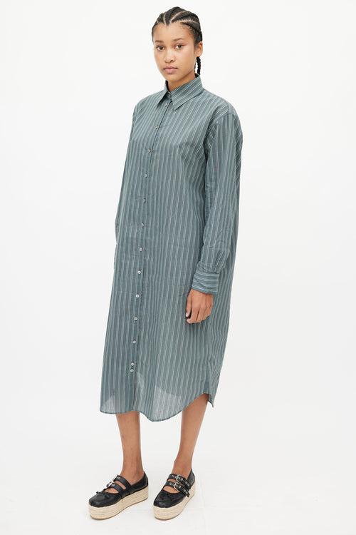 Acne Studios Green 
White Stripe Belted Shirt Dress