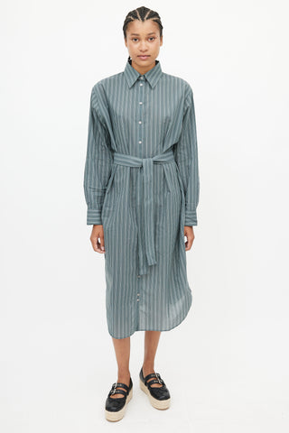 Acne Studios Green 
White Stripe Belted Shirt Dress