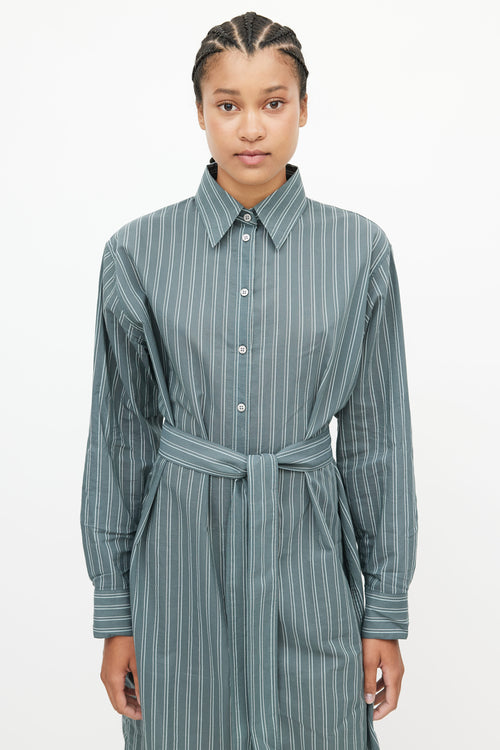 Acne Studios Green 
White Stripe Belted Shirt Dress