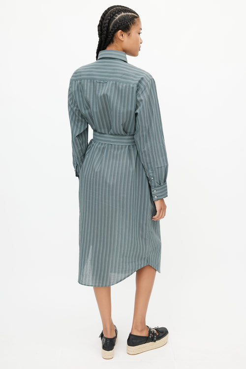 Acne Studios Green 
White Stripe Belted Shirt Dress