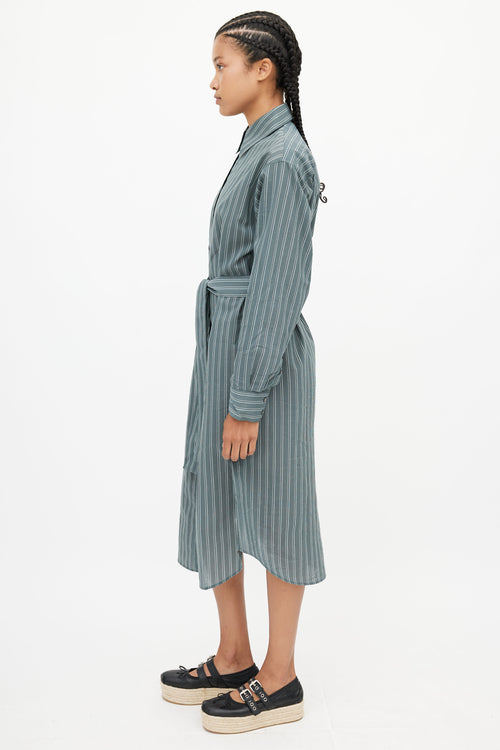 Acne Studios Green 
White Stripe Belted Shirt Dress