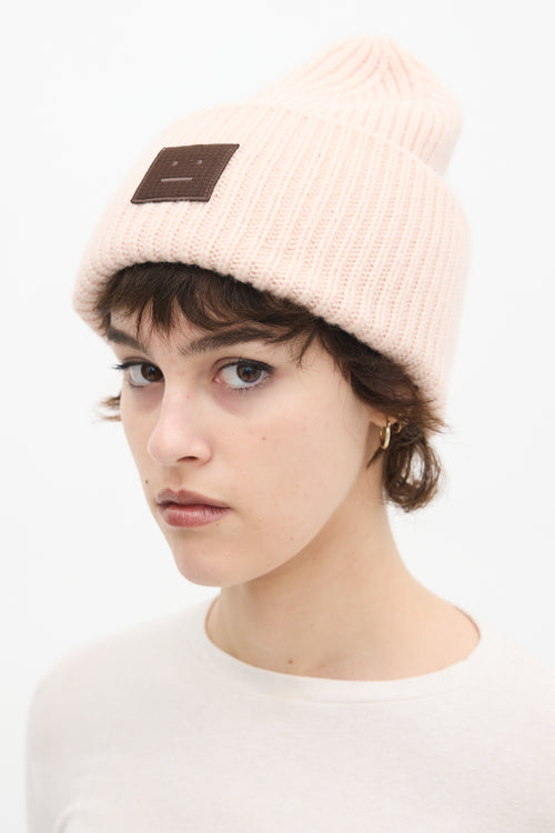 Acne Studios Light Pink Wool Ribbed Knit Face Logo Beanie