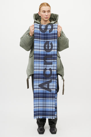 Acne Studios Navy Wool Plaid Logo Scarf