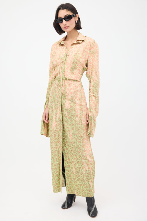 Acne Studios Pink 
Green Floral Ruched Midi Dress