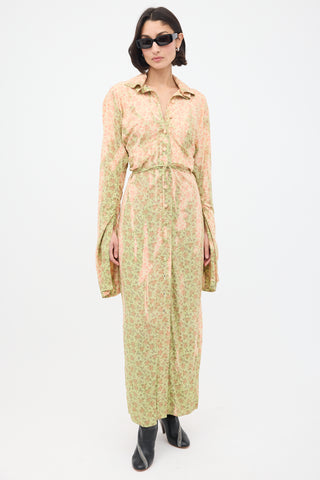 Acne Studios Pink 
Green Floral Ruched Midi Dress