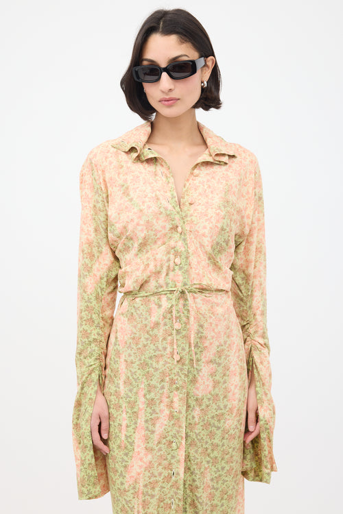 Acne Studios Pink 
Green Floral Ruched Midi Dress