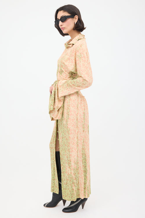 Acne Studios Pink 
Green Floral Ruched Midi Dress