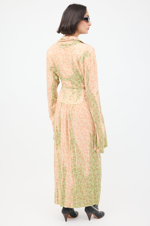 Acne Studios Pink 
Green Floral Ruched Midi Dress