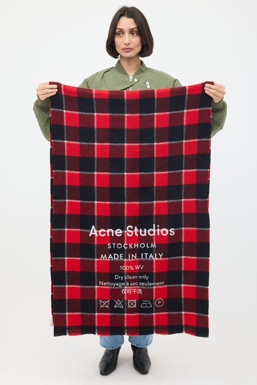 Acne Studios Red 
Black Wool Cassiar Check Logo Scarf