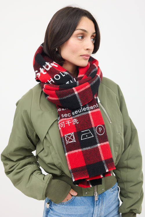 Acne Studios Red 
Black Wool Cassiar Check Logo Scarf