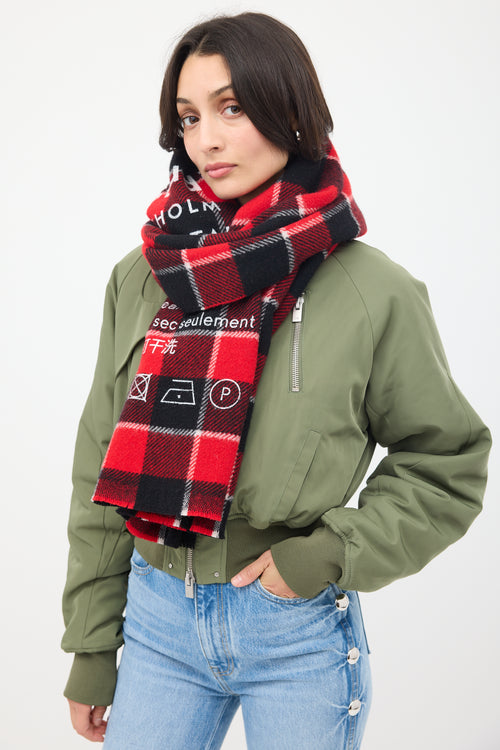 Acne Studios Red 
Black Wool Cassiar Check Logo Scarf