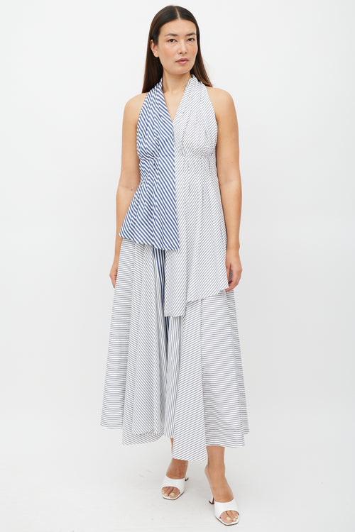 Adam Lippes White 
Blue Striped Asymmetrical Top