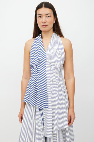 Adam Lippes White 
Blue Striped Asymmetrical Top