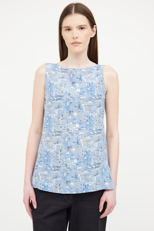 Akris Blue Printed Silk Sleeveless Top