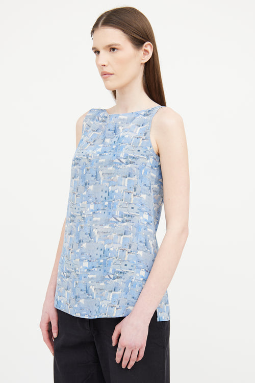 Akris Blue Printed Silk Sleeveless Top