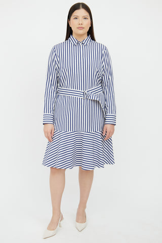 Akris Blue 
White Striped Belted Cotton Shirt Dress